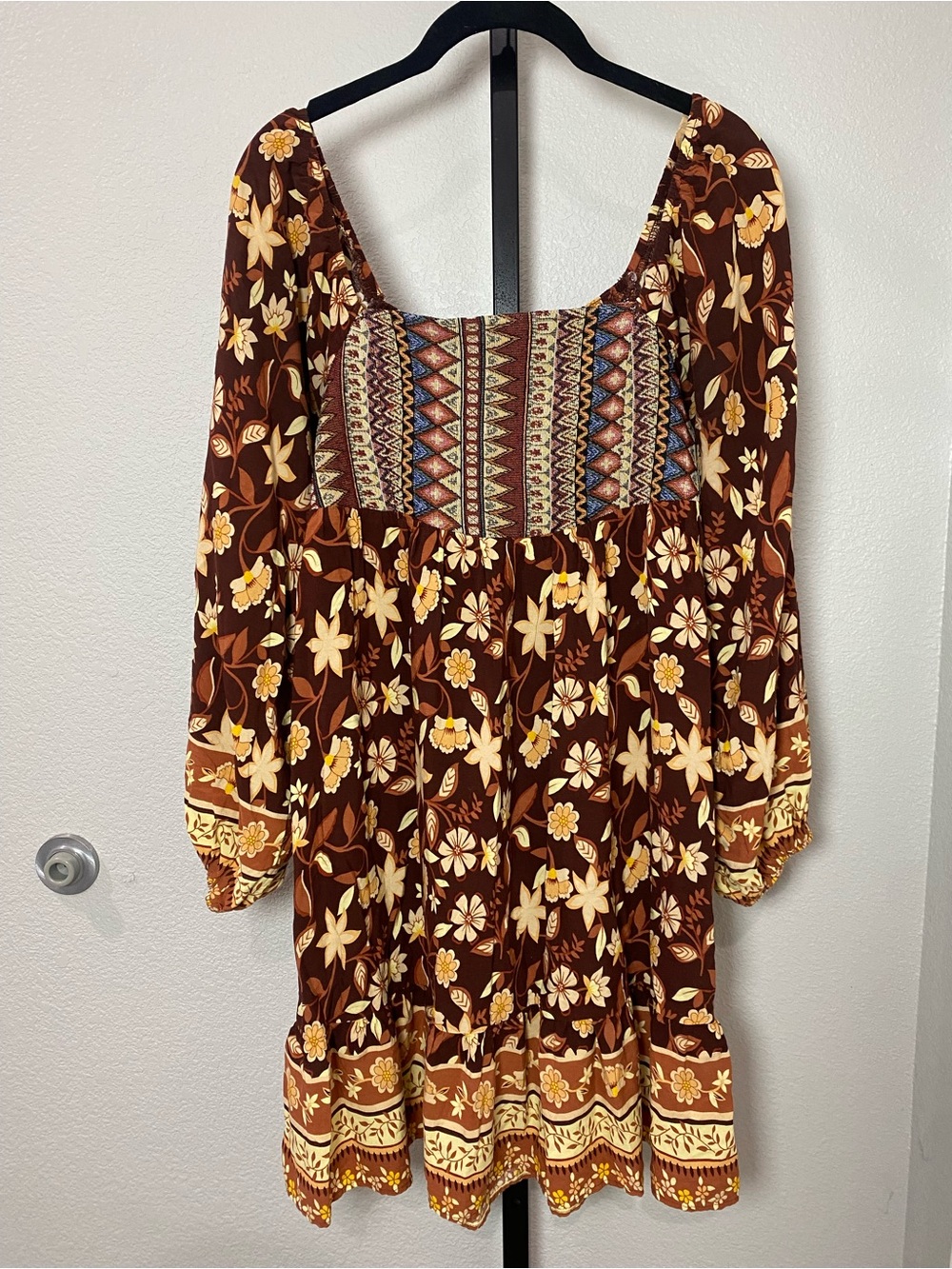 Brown Floral Long-Sleeve Boho Dress